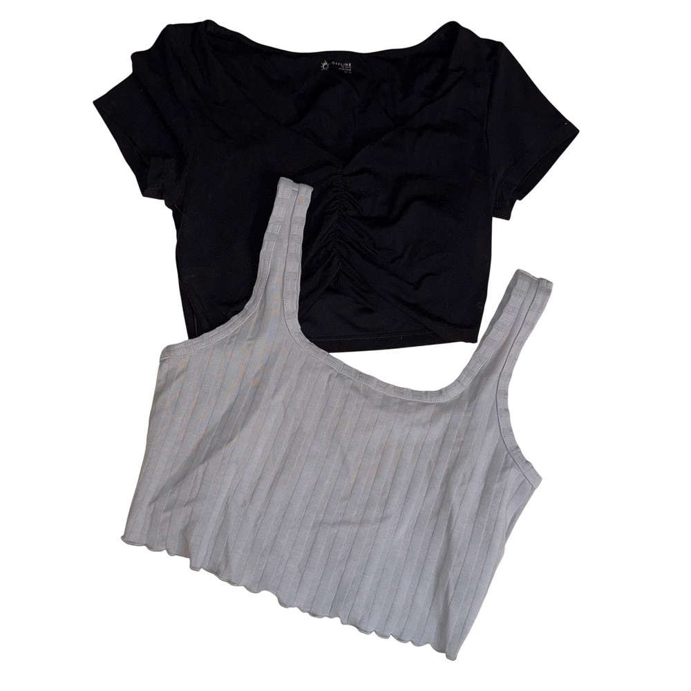 Aerie OFFLINE Crop Top Bundle Black Cinched Grey Ribbed Tank Womens Medium‎